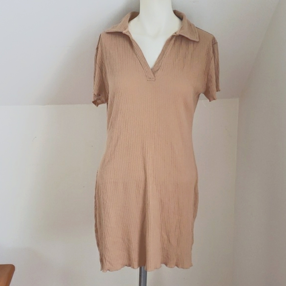 Jolie & Joy Collared Short-sleeve Caramel Coffee Color Ribbed Knit Dress, Sz XL